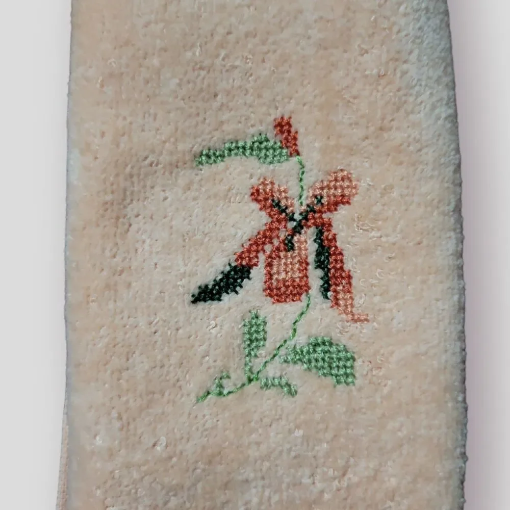 Completed Cross Stitch Flower - Cannon Hand Towel - Peach
